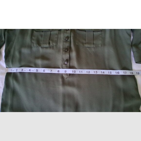 Women's Reitmans Olive Green 3/4 Length Sleeve Blouse, Braid & Gold Buttons, 3 - Picture 12 of 15